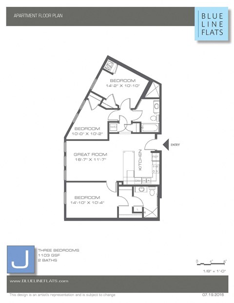 Floor plan for 3 beds, 2 baths, 1053 sqft